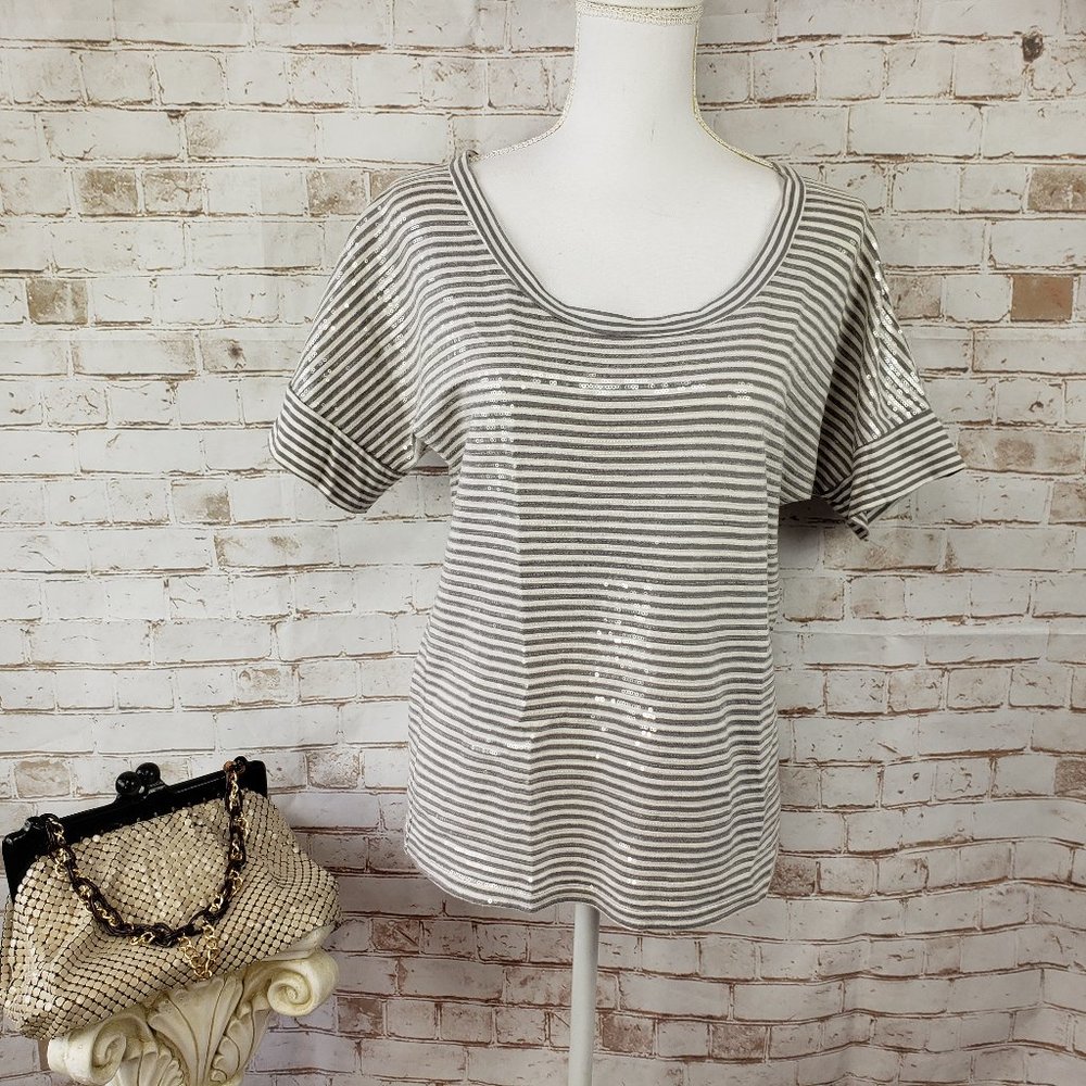Fossil Size S Gray White Striped Shiny Sequin Dolman Short Sleeve Tee Top Shirt